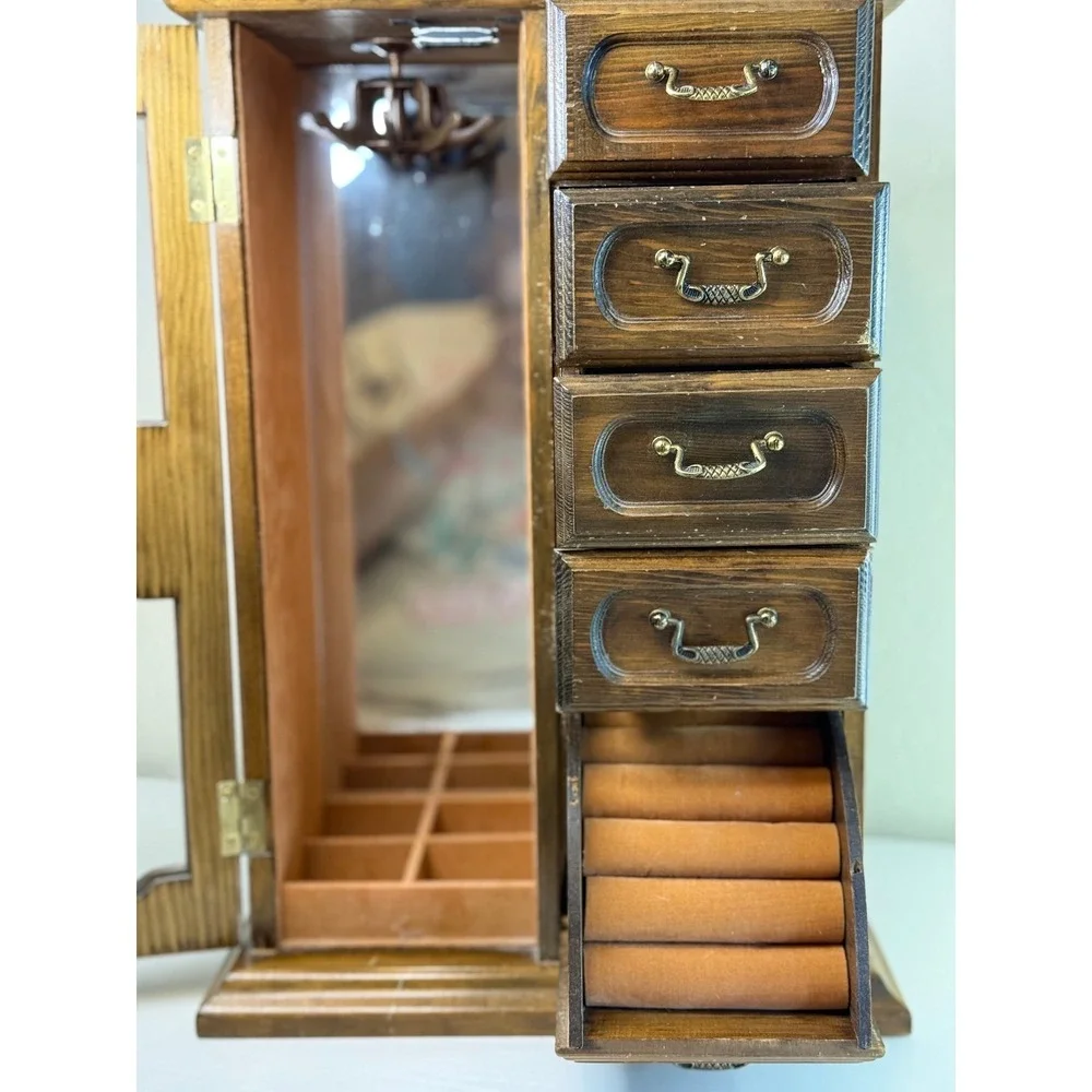 Vintage 1981 Avon Team Leader Jewelry Box Wooden Armoire Mirror 6 Drawers